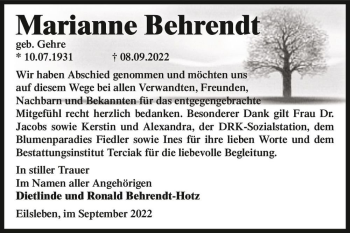 Traueranzeige von Marianne Behrendt (geb. Gehre)  von Magdeburger Volksstimme