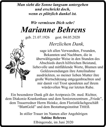 Traueranzeige von Marianne Behrens  von Magdeburger Volksstimme