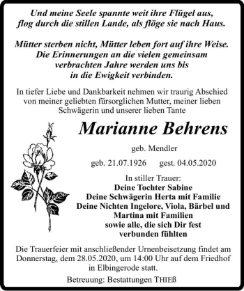 Traueranzeige von Marianne Behrens (geb. Mendler)  von Magdeburger Volksstimme