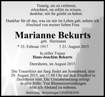 Traueranzeige von Marianne Bekurts (geb. Herrmann)  von Magdeburger Volksstimme