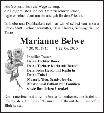 Traueranzeige von Marianne Belwe  von Magdeburger Volksstimme
