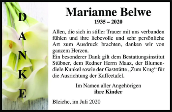 Traueranzeige von Marianne Belwe  von Magdeburger Volksstimme