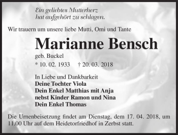 Traueranzeige von Marianne Bensch (geb. Buckel)  von Magdeburger Volksstimme