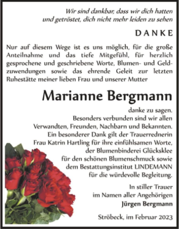 Traueranzeige von Marianne Bergmann  von Magdeburger Volksstimme