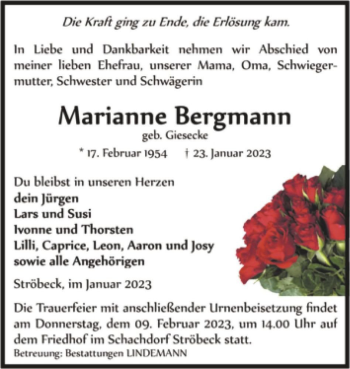 Traueranzeige von Marianne Bergmann (geb. Giesecke)  von Magdeburger Volksstimme
