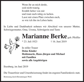 Traueranzeige von Marianne Berke (geb. Pfeiffer)  von Magdeburger Volksstimme