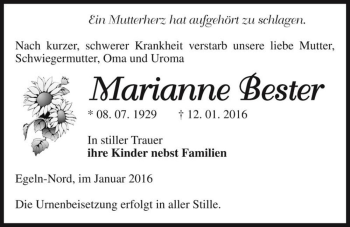 Traueranzeige von Marianne Bester  von Magdeburger Volksstimme