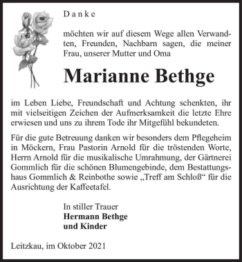 Traueranzeige von Marianne Bethge  von Magdeburger Volksstimme