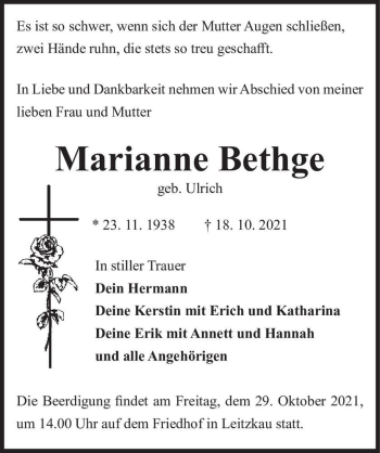 Traueranzeige von Marianne Bethge (geb. Ulrich)  von Magdeburger Volksstimme