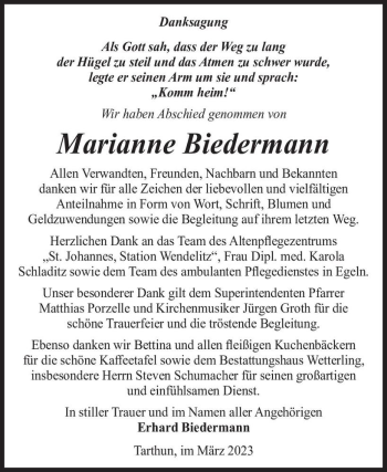 Traueranzeige von Marianne Biedermann  von Magdeburger Volksstimme