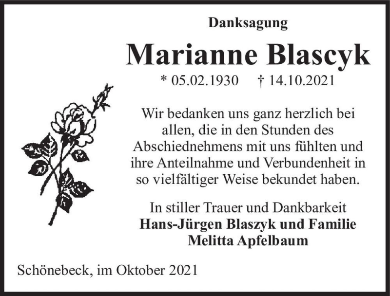  Traueranzeige für Marianne Blascyk  vom 20.11.2021 aus Magdeburger Volksstimme