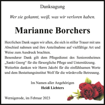 Traueranzeige von Marianne Borchers  von Magdeburger Volksstimme