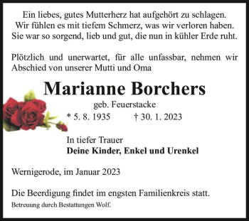 Traueranzeige von Marianne Borchers (geb. Feuerstacke)  von Magdeburger Volksstimme