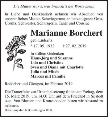 Traueranzeige von Marianne Borchert (geb. Lüderitz)  von Magdeburger Volksstimme