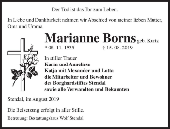 Traueranzeige von Marianne Borns (geb. Kurtz)  von Magdeburger Volksstimme