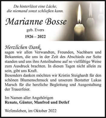 Traueranzeige von Marianne Bosse (geb. Evers)  von Magdeburger Volksstimme