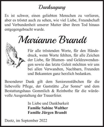Traueranzeige von Marianne Brandt  von Magdeburger Volksstimme