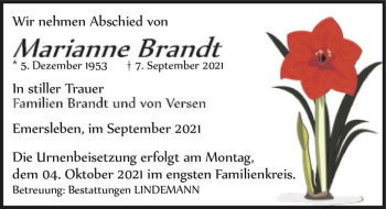 Traueranzeige von Marianne Brandt  von Magdeburger Volksstimme