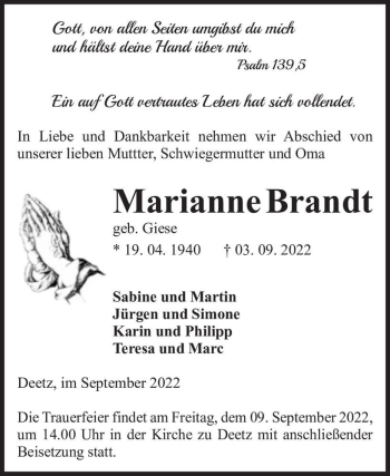 Traueranzeige von Marianne Brandt (geb. Giese)  von Magdeburger Volksstimme