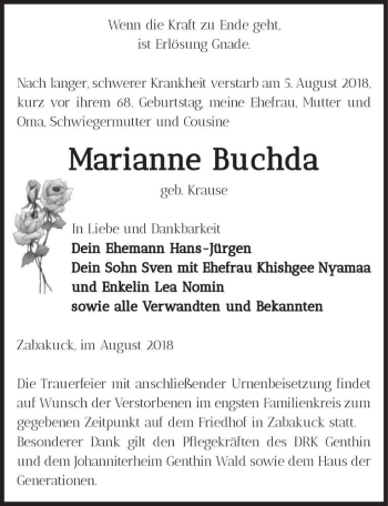 Traueranzeige von Marianne Buchda (geb. Krause)  von Magdeburger Volksstimme
