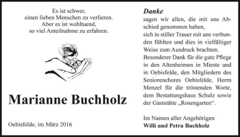 Traueranzeige von Marianne Buchholz  von Magdeburger Volksstimme