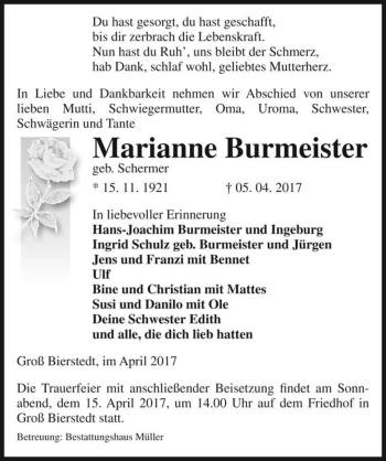 Traueranzeige von Marianne Burmeister (geb. Schermer)  von Magdeburger Volksstimme