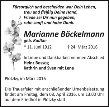 Traueranzeige von Marianne Böckelmann (geb. Radtke)  von Magdeburger Volksstimme