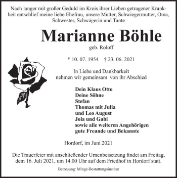Traueranzeige von Marianne Böhle (geb. Roloff)  von Magdeburger Volksstimme