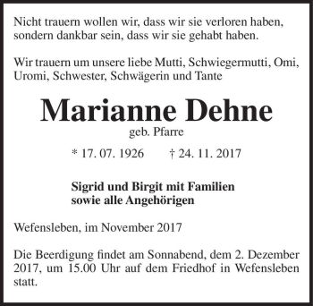 Traueranzeige von Marianne Dehne (geb. Pfarre)  von Magdeburger Volksstimme