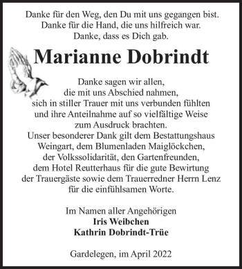 Traueranzeige von Marianne Dobrindt  von Magdeburger Volksstimme