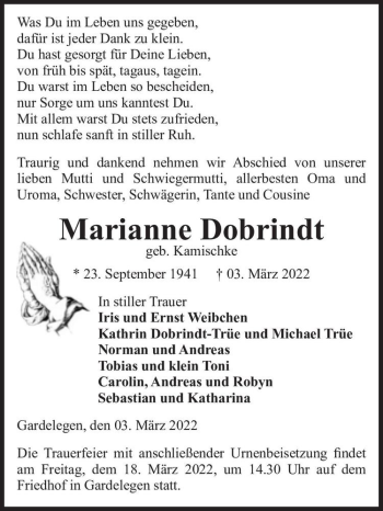 Traueranzeige von Marianne Dobrindt (geb. Kamischke)  von Magdeburger Volksstimme