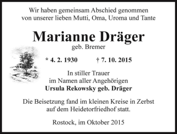 Traueranzeige von Marianne Dräger (geb. Bremer)  von Magdeburger Volksstimme