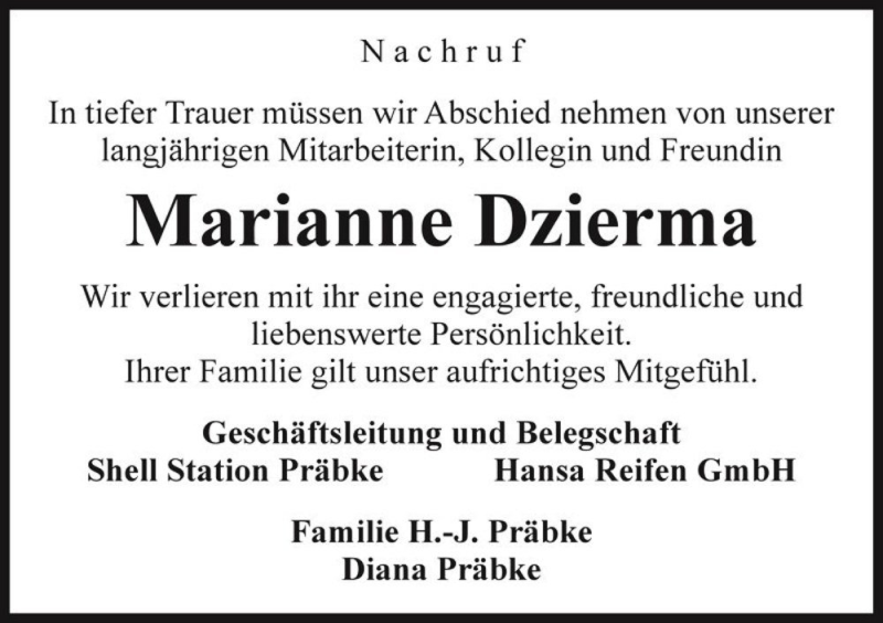  Traueranzeige für Marianne Dzierma  vom 12.01.2017 aus Magdeburger Volksstimme