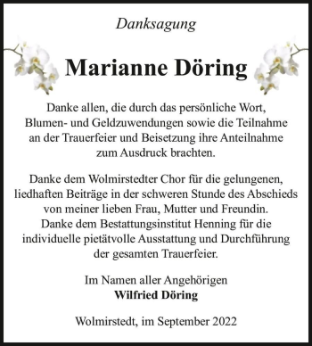 Traueranzeige von Marianne Döring  von Magdeburger Volksstimme