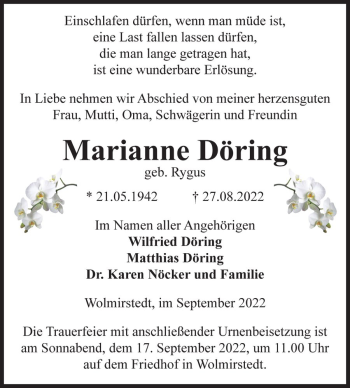Traueranzeige von Marianne Döring (geb. Rygus)  von Magdeburger Volksstimme