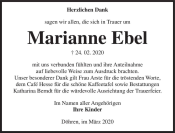 Traueranzeige von Marianne Ebel  von Magdeburger Volksstimme