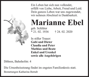 Traueranzeige von Marianne Ebel (geb. Schlüter)  von Magdeburger Volksstimme
