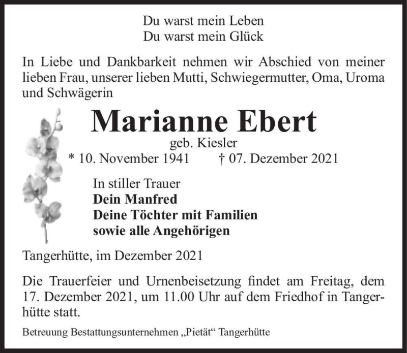  Traueranzeige für Marianne Ebert (geb. Kiesler)  vom 11.12.2021 aus Magdeburger Volksstimme