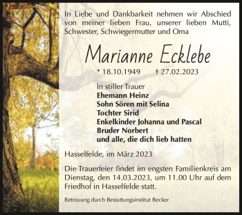 Traueranzeige von Marianne Ecklebe  von Magdeburger Volksstimme