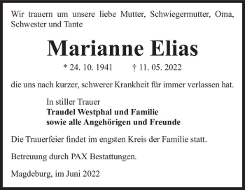 Traueranzeige von Marianne Elias  von Magdeburger Volksstimme