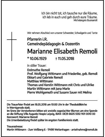 Traueranzeige von Marianne Elisabeth Remoli  von Magdeburger Volksstimme