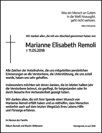 Traueranzeige von Marianne Elisabeth Remoli  von Magdeburger Volksstimme