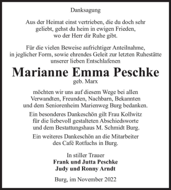Traueranzeige von Marianne Emma Peschke (geb. Marx)  von Magdeburger Volksstimme