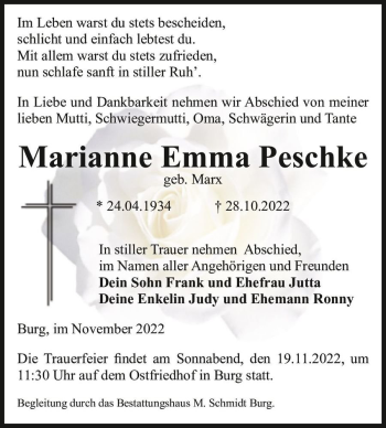 Traueranzeige von Marianne Emma Peschke (geb. Marx)  von Magdeburger Volksstimme