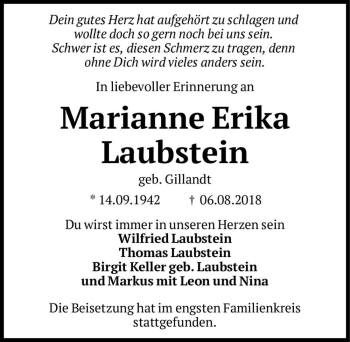 Traueranzeige von Marianne Erika Laubstein (geb. Gillandt)  von Magdeburger Volksstimme