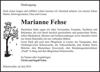 Traueranzeige von Marianne Fehse  von Magdeburger Volksstimme