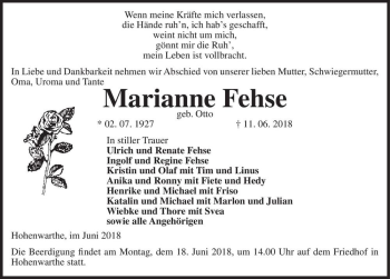 Traueranzeige von Marianne Fehse (geb. Otto)  von Magdeburger Volksstimme