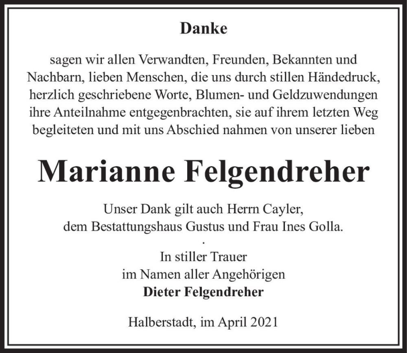  Traueranzeige für Marianne Felgendreher  vom 30.04.2021 aus Magdeburger Volksstimme
