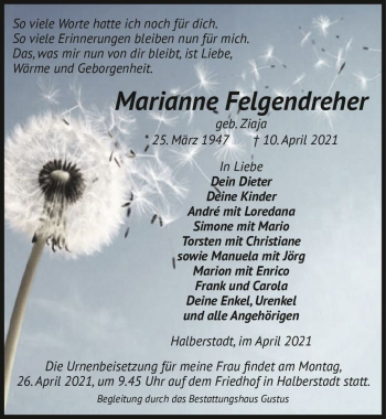 Traueranzeige von Marianne Felgendreher (geb. Ziaja)  von Magdeburger Volksstimme