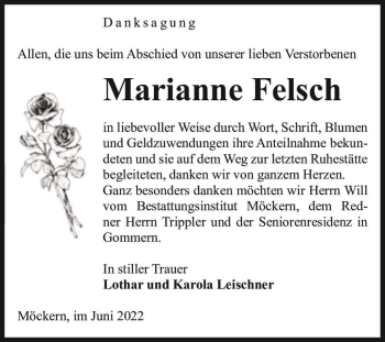 Traueranzeige von Marianne Felsch  von Magdeburger Volksstimme